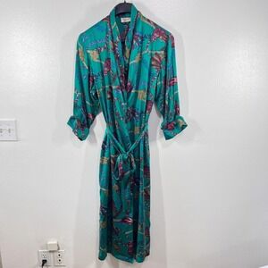 Vintage Victorias Secret Silk Robe Small Green Tassel Chain Print 90s Loungewear